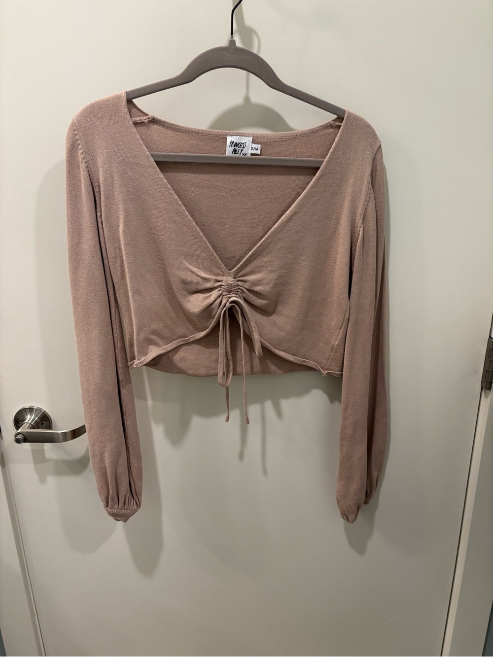 Princess Polly tan Drawstring V‑Neck Ribbed Crop Top - Picture 2 of 4